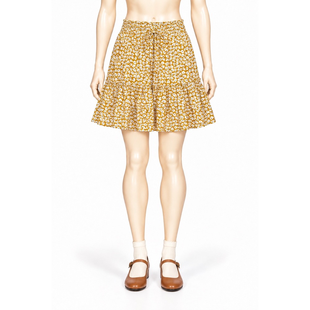 Crescent Mustard Yellow Floral Tiered Mini Skirt Smocked Waist CS5433-3 Size M